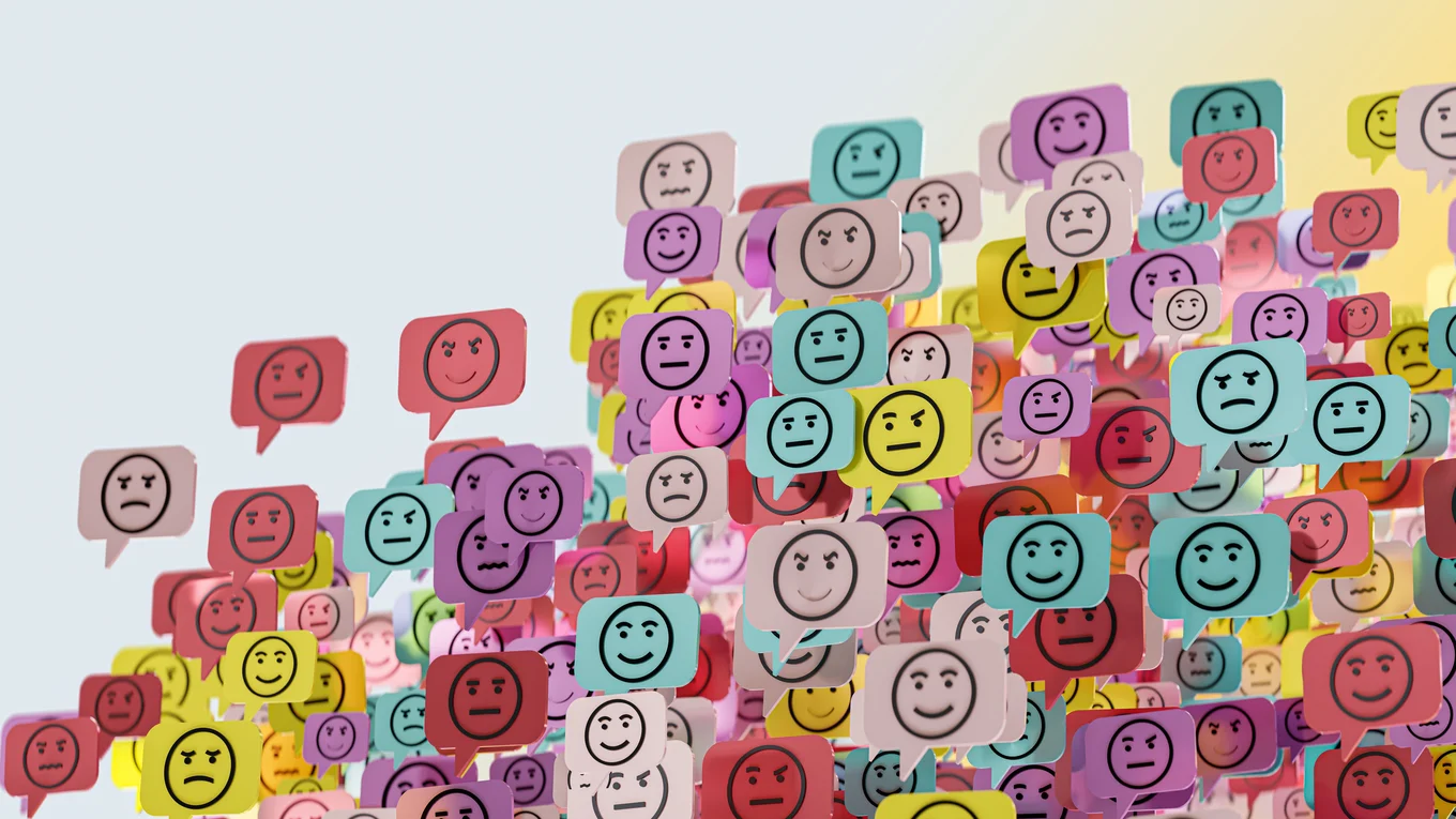 Colorful speech bubbles with various emoji faces.